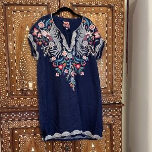 Johnny Was Navy Dress with Floral Embroidery